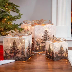 Set Of 3 Holiday Vine Christmas Present Led Outdoor Yard Decor