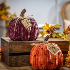 Set Of 2 6.4-In L Resin Corn Textured Pumpkins