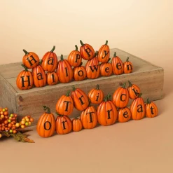 Set Of 2 13.7-In Resin Long Pumpkins Perched Askew Spelling Out Halloween Messages