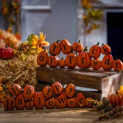 Set Of 2 13.7-In Resin Long Pumpkins Perched Askew Spelling Out Halloween Messages