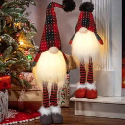 Set Of 2 Lighted Plush Red And Black Plaid Holiday Standing Gnomes, Battery Operated