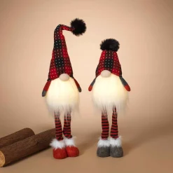 Set Of 2 Lighted Plush Red And Black Plaid Holiday Standing Gnomes, Battery Operated