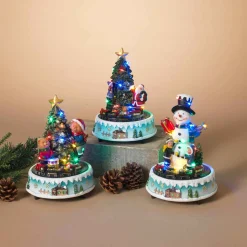 Set Of 3 Light-Up Musical Trains With Snowman And Trees