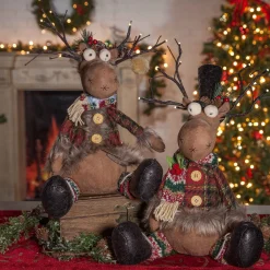 Set Of 2 Moose Christmas Holiday Decor With Lighted Antlers