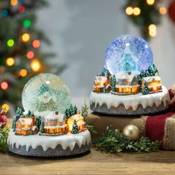 Set Of 2 Musical Light Snow Globe With Christmas Village Scene