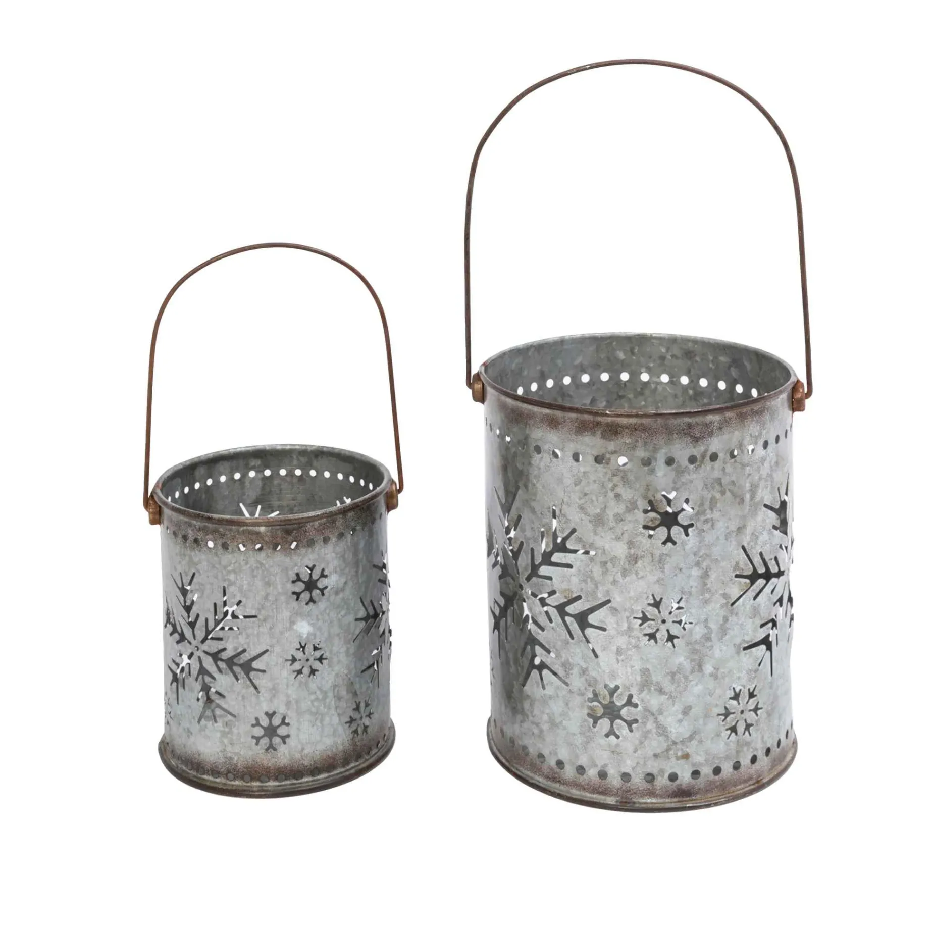 Set Of 2 Nesting Metal Galvanized Snowflake Luminaries, Lg Is 19.8-In H (Including Handle)