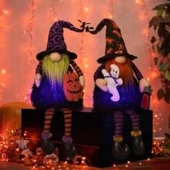 Set Of 2 Plush Lighted Halloween Shelf Sitter Gnomes, Battery Operated