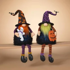 Set Of 2 Plush Lighted Halloween Shelf Sitter Gnomes, Battery Operated