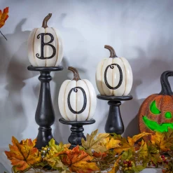 Set Of 3 Pumpkin Candlesticks, Spooky Halloween Decor