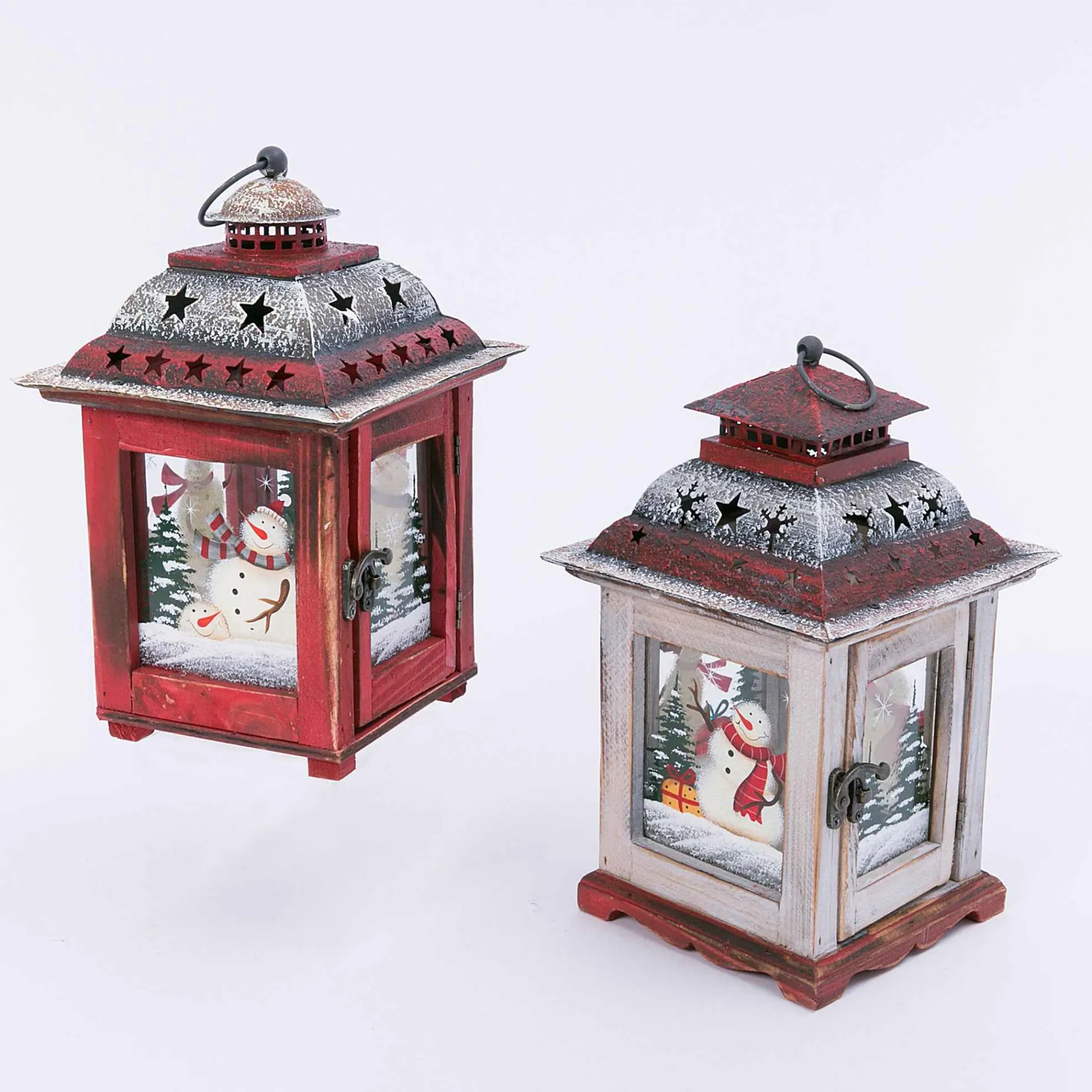 Set Of 2 Rustic Farmhouse Christmas Holiday Snowmen Lanterns