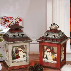 Set Of 2 Rustic Farmhouse Christmas Holiday Snowmen Lanterns