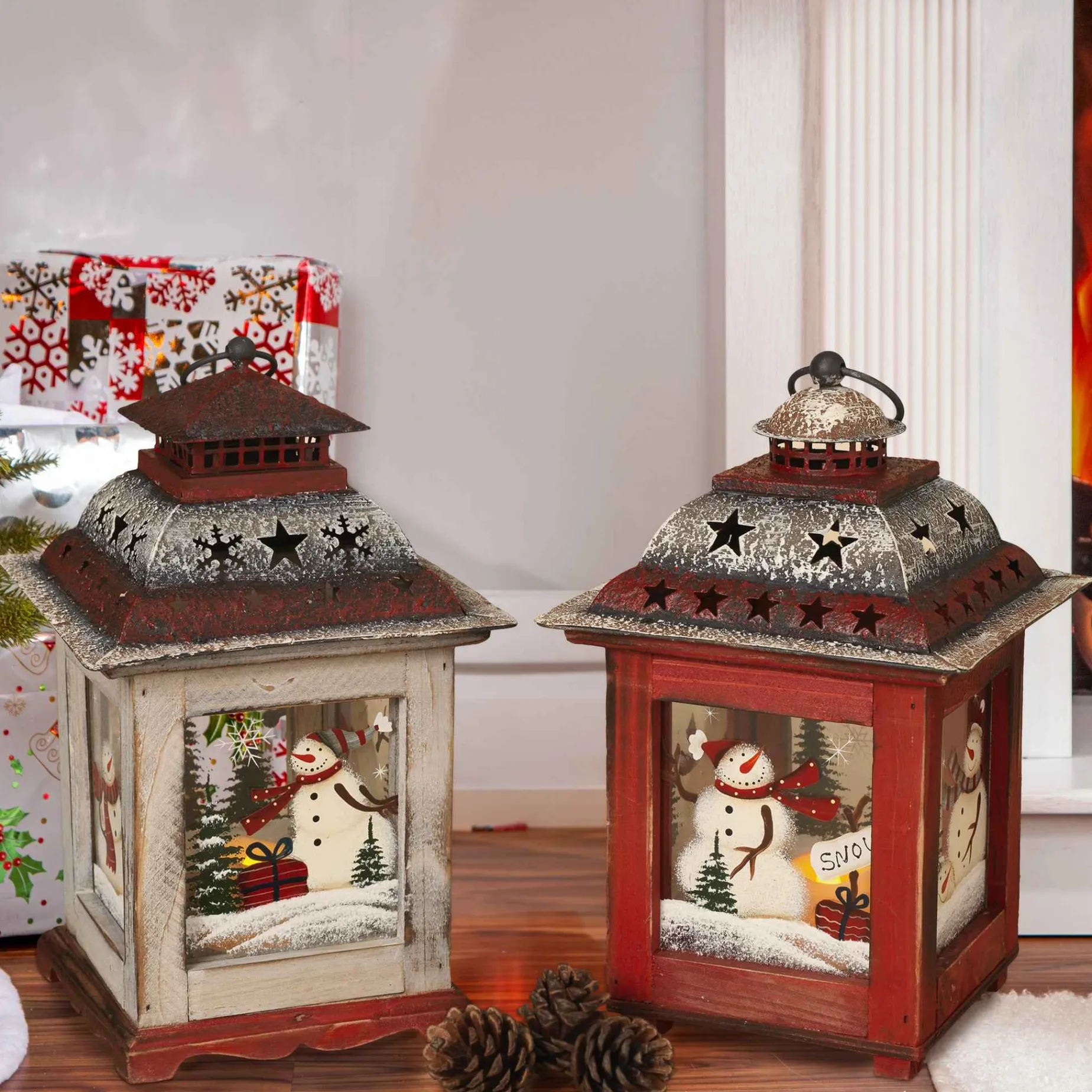 Set Of 2 Rustic Farmhouse Christmas Holiday Snowmen Lanterns