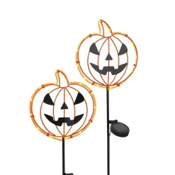 Set Of 2 Solar Metal Pumpkin Lantern Yard Stake, Outdoor Decor