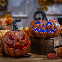 Set Of 2 Spooky Halloween Lighted Jack O Lantern Resin Decor