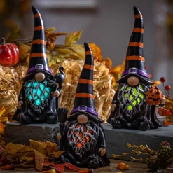 Set Of 3 Spooky Lighted Halloween Gnome Witch Figurine , Timer