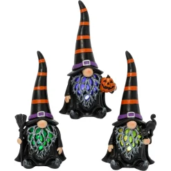 Set Of 3 Spooky Lighted Halloween Gnome Witch Figurine , Timer
