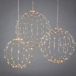 Set Of 3 Whimsical Lighted Metal Spheres, Warm White Leds