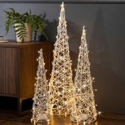 Set Of 3 White Modern Vine Trees, Battery Operated Pre Lit Led