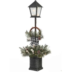 Vintage Lantern Post With Wreath And Micro Led Lights, Timer