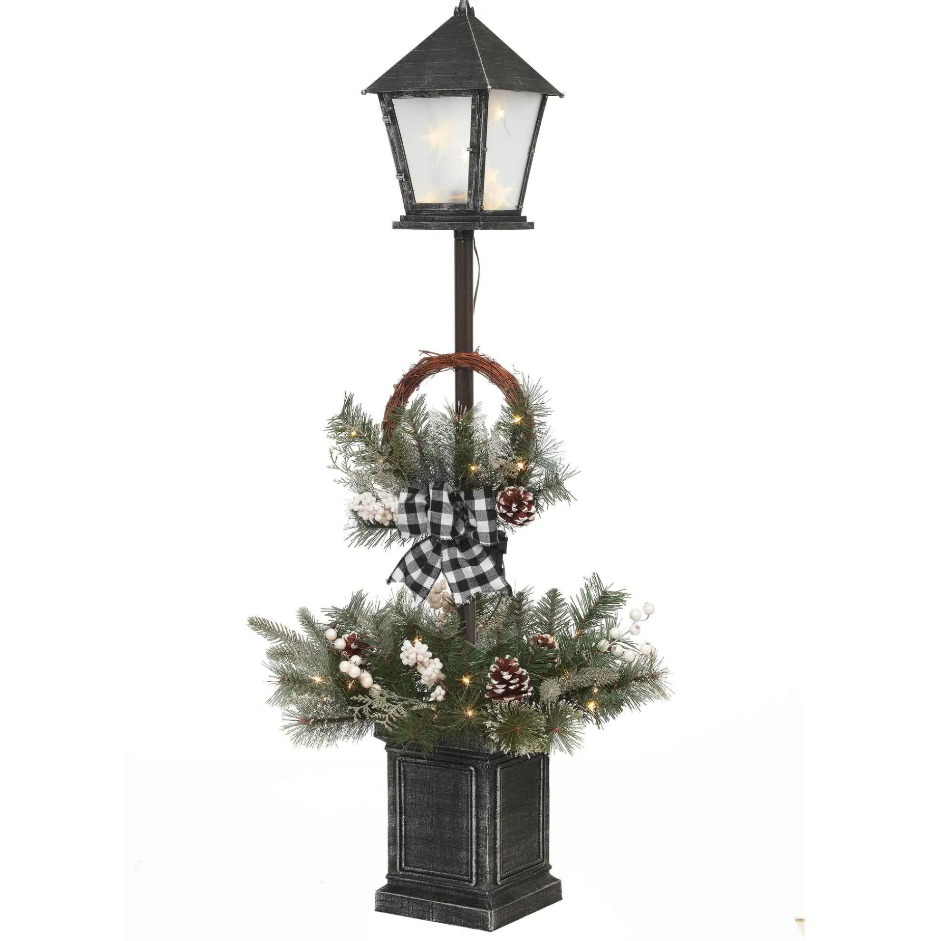Vintage Lantern Post With Wreath And Micro Led Lights, Timer