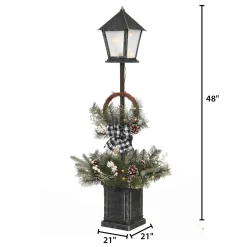 Vintage Lantern Post With Wreath And Micro Led Lights, Timer