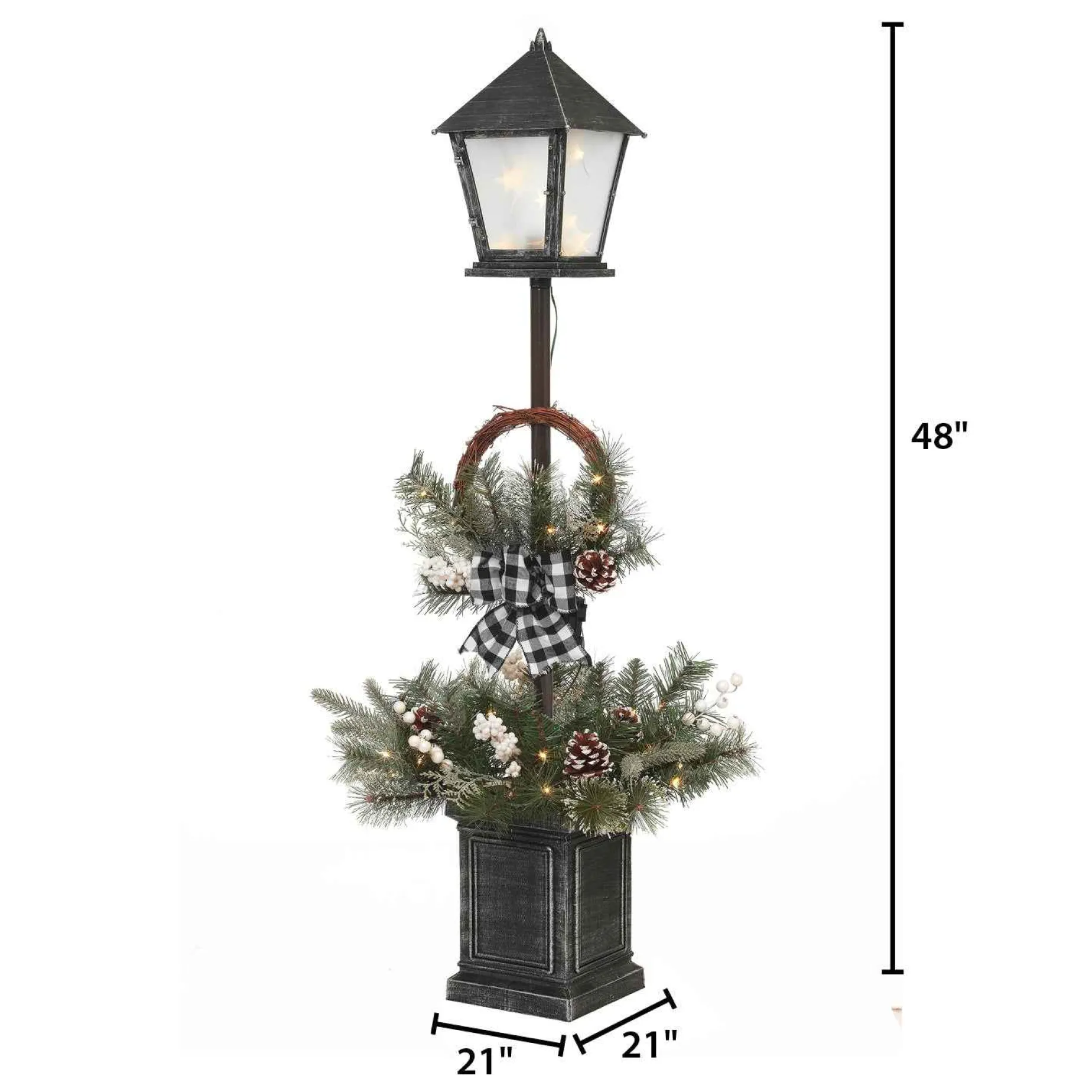 Vintage Lantern Post With Wreath And Micro Led Lights, Timer