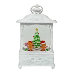 White Antique Lantern With Led Light Up Gingerbread Children Scene Spinning Glitter Waterglobe