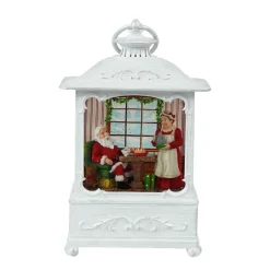 White Antique Lantern With Led Light Up Santa And Mrs Claus Scene Spinning Glitter Waterglobe